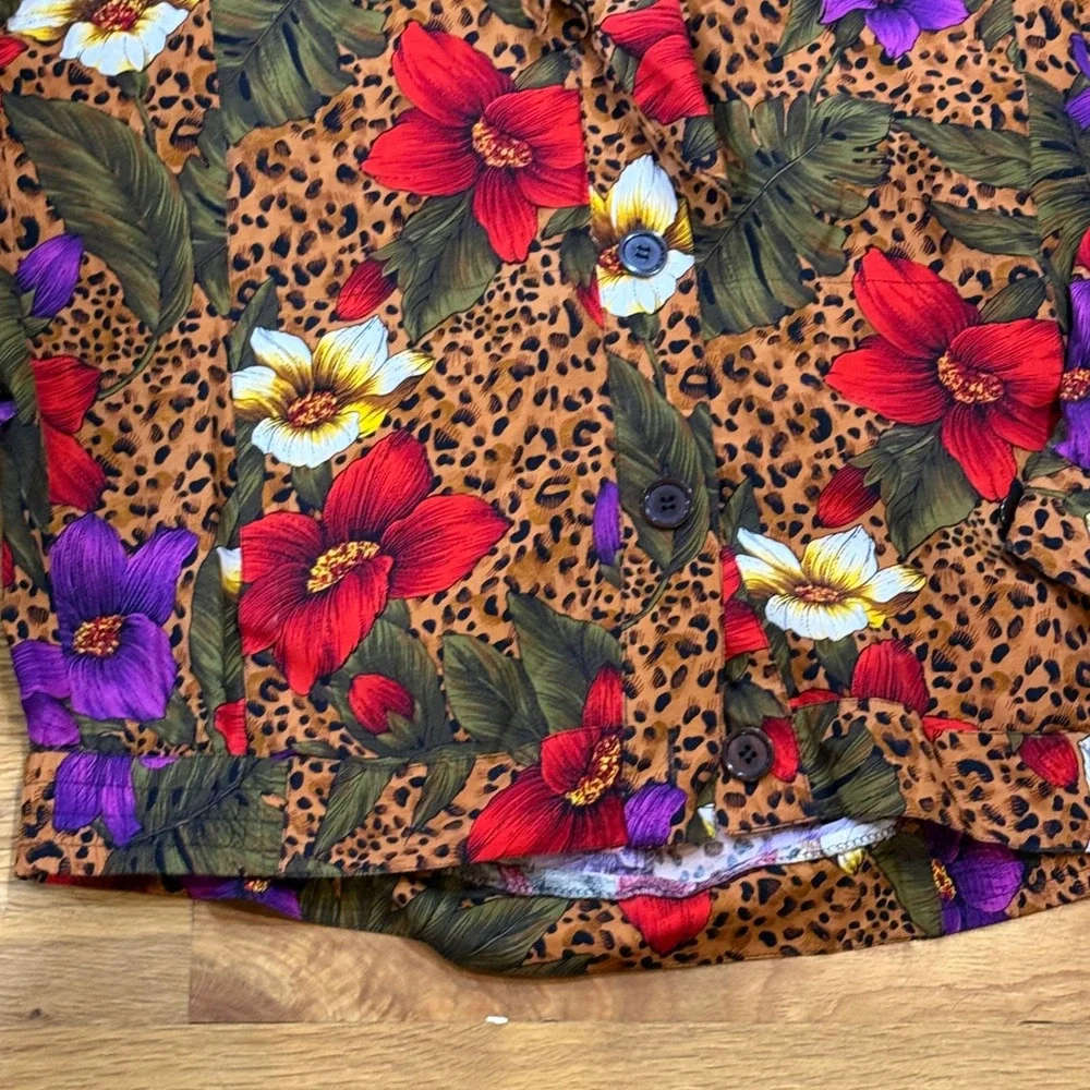 SK & Company Vintage‎ Leopard Floral Rayon Tie Neck Button Up Jacket Womens 10